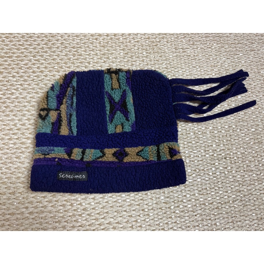 Vintage Screamer Fleece Beanie Hat Southwestern Geometric Tassel snowboard